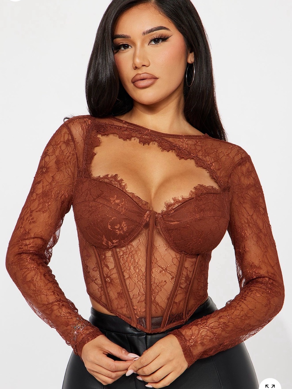 Sheer Lace Long-Sleeve Corset Top - Brown